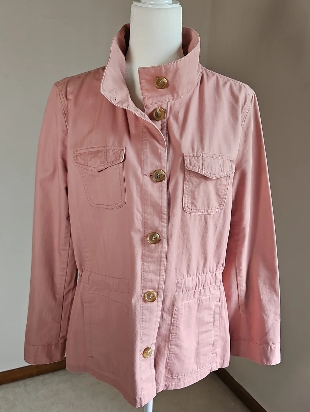 Talbots Safari Utility Jacket Adj Waist Cotton Twill Rose Pockets LG Layering